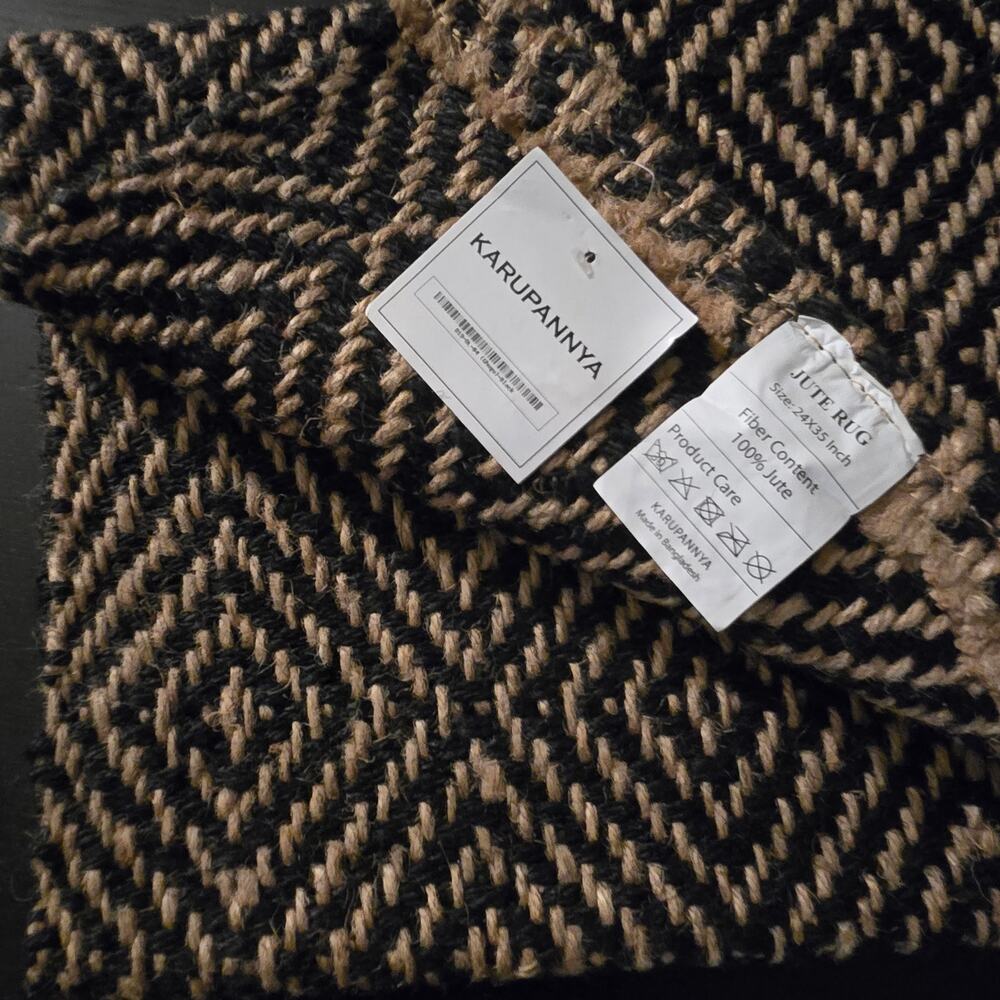 KARUPANNYA 100% Jute Rug, Brown & Black Striped Diamond Design, 24" x 35"